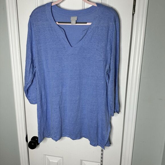 Chicos Linen Short Sleeve Tunic V Neck Shirt top size 3 XL BLUE - Picture 1 of 6